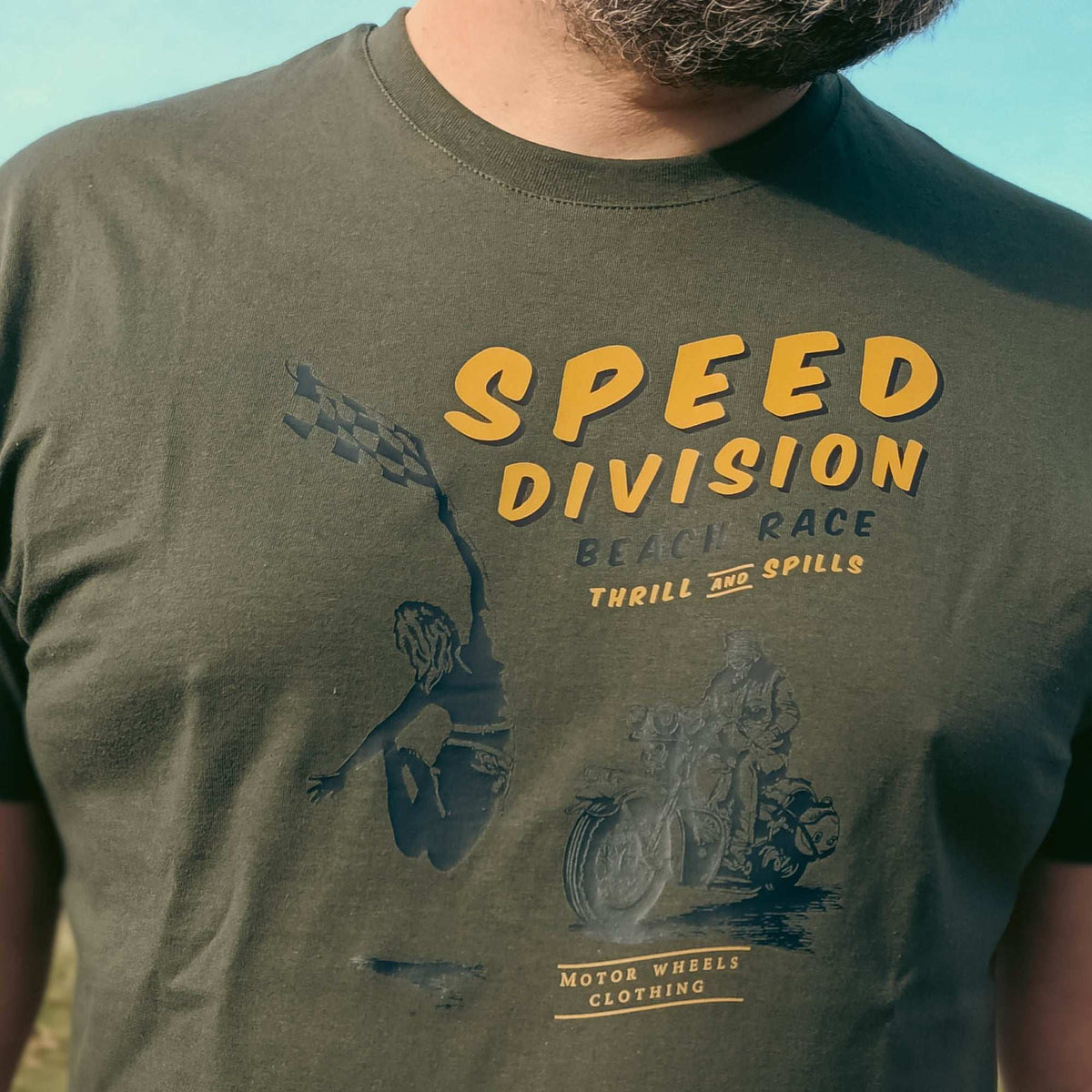T-shirt "Speed Division" en beige et kaki, édition limitée, style racing vintage, Motor Wheels Clothing