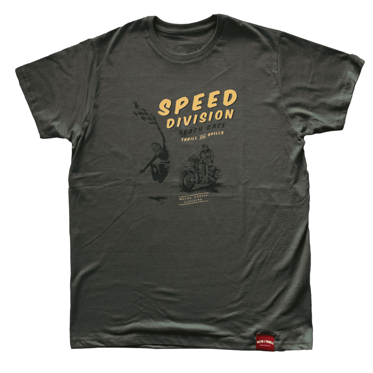 T-shirt "Speed Division" en beige et kaki, édition limitée, style racing vintage, Motor Wheels Clothing