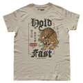 T-shirt blanc "Byakko" Motor Wheels avec tigre japonais rugissant, lettrage "Hold Fast" et kanji