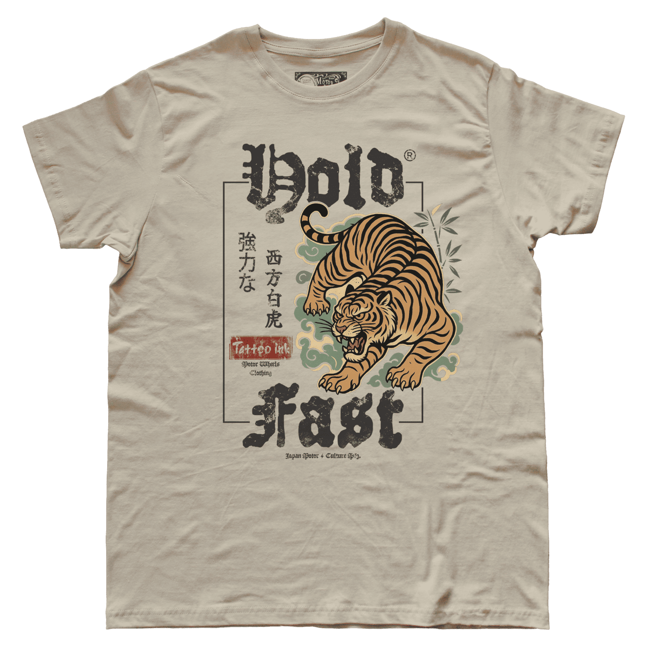 T-shirt blanc "Byakko" Motor Wheels avec tigre japonais rugissant, lettrage "Hold Fast" et kanji