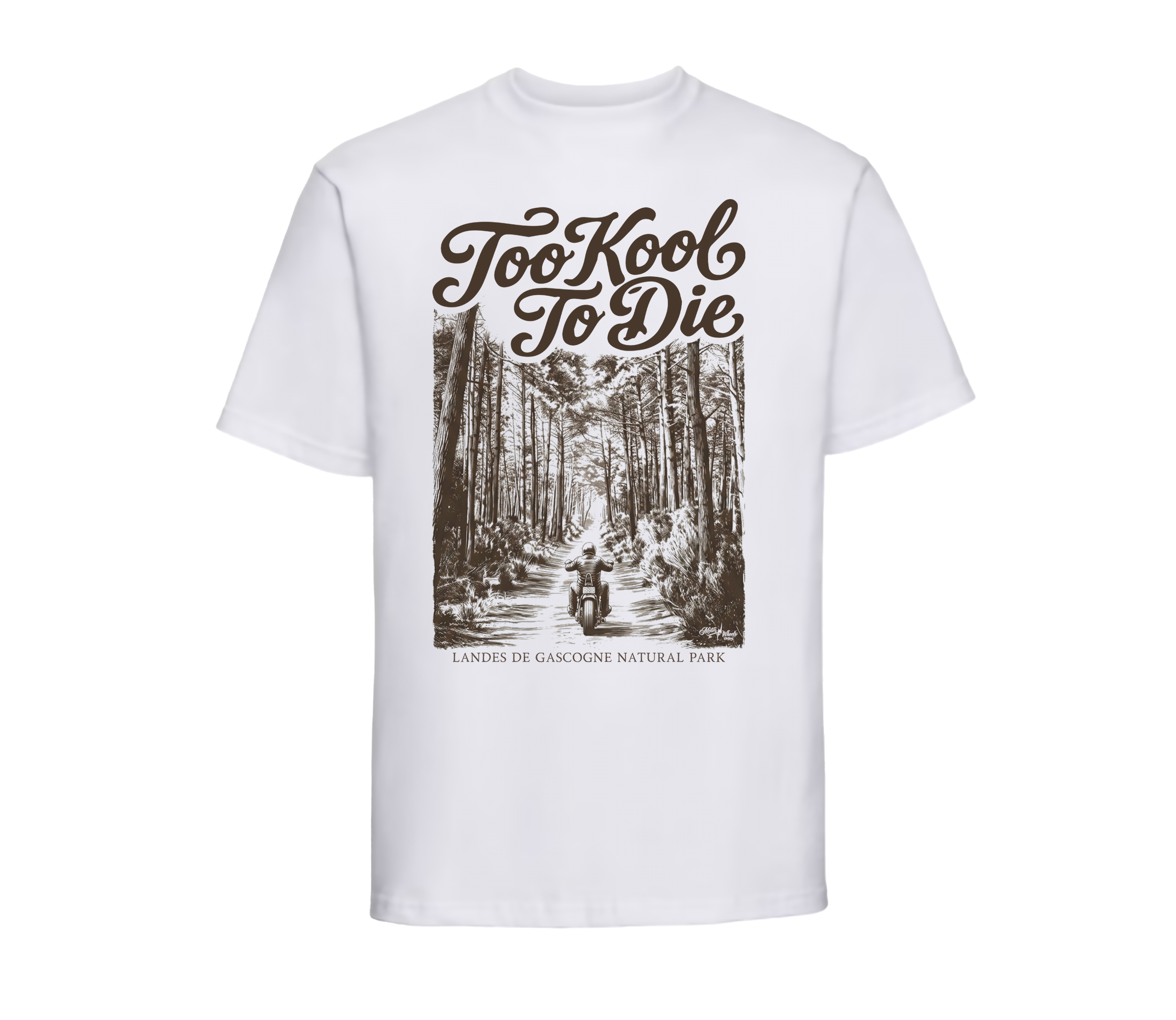 T-shirt homme blanc Too Kool To Die avec illustration forêt de pins Landes de Gascogne, Motor Wheels Clothing