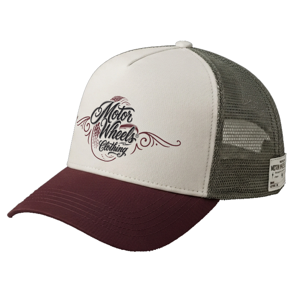 Casquette trucker éco-responsable ivoire et bordeaux Motor Wheels Clothing en coton biologique
