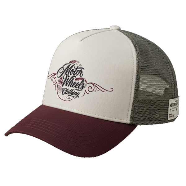Casquette trucker éco-responsable ivoire et bordeaux Motor Wheels Clothing en coton biologique