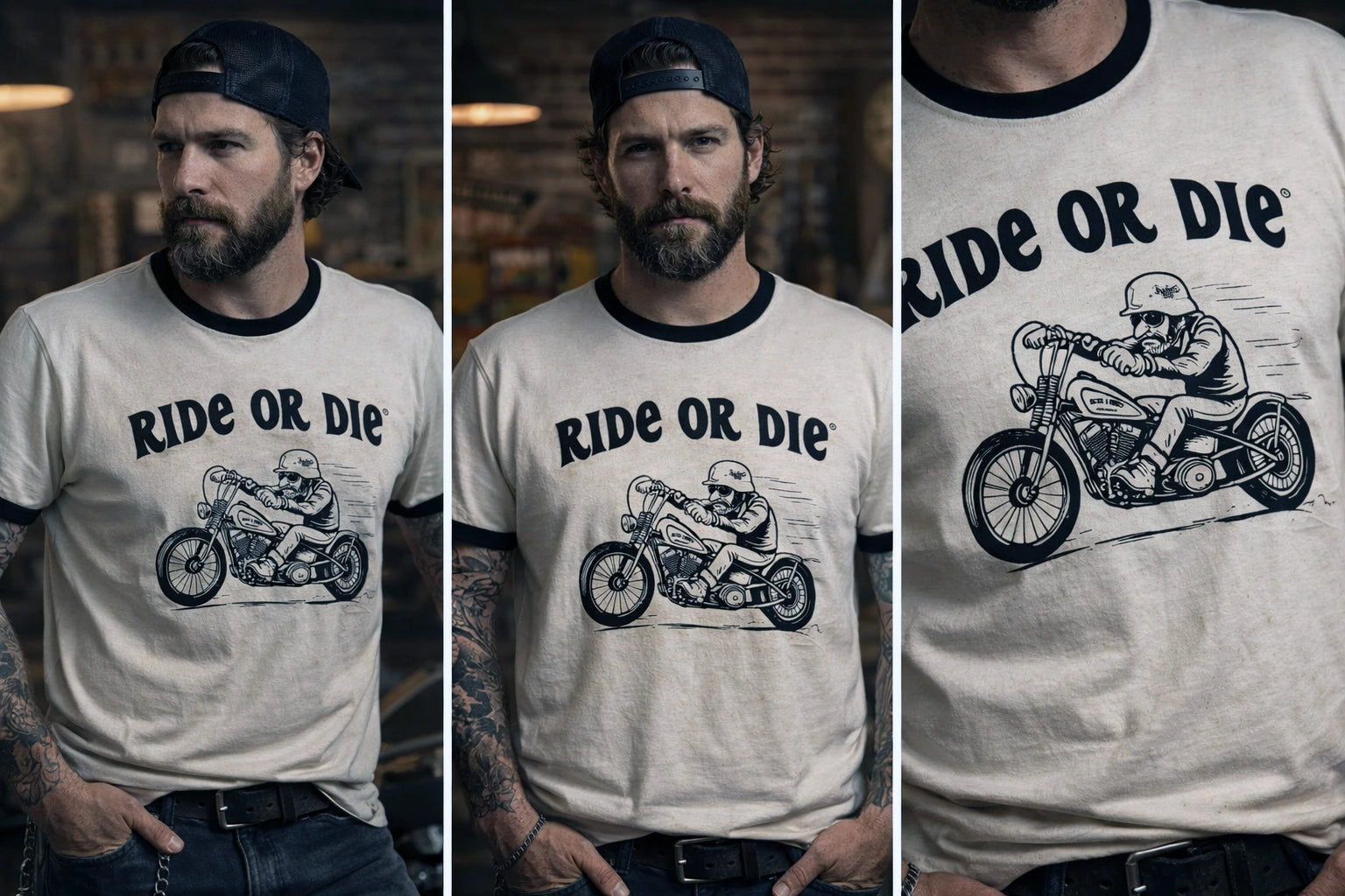 T-shirt Ride or Die vintage moto Ivory col contrasté – Motor Wheels Clothing 1940