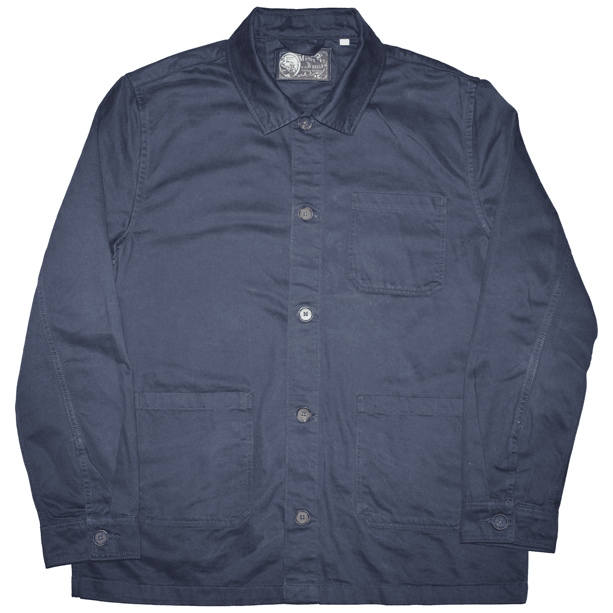 Veste de travail française "La Corvée 40" bleu marine en coton biologique, coupe standard, trois poches plaquées et boutons effet corne.