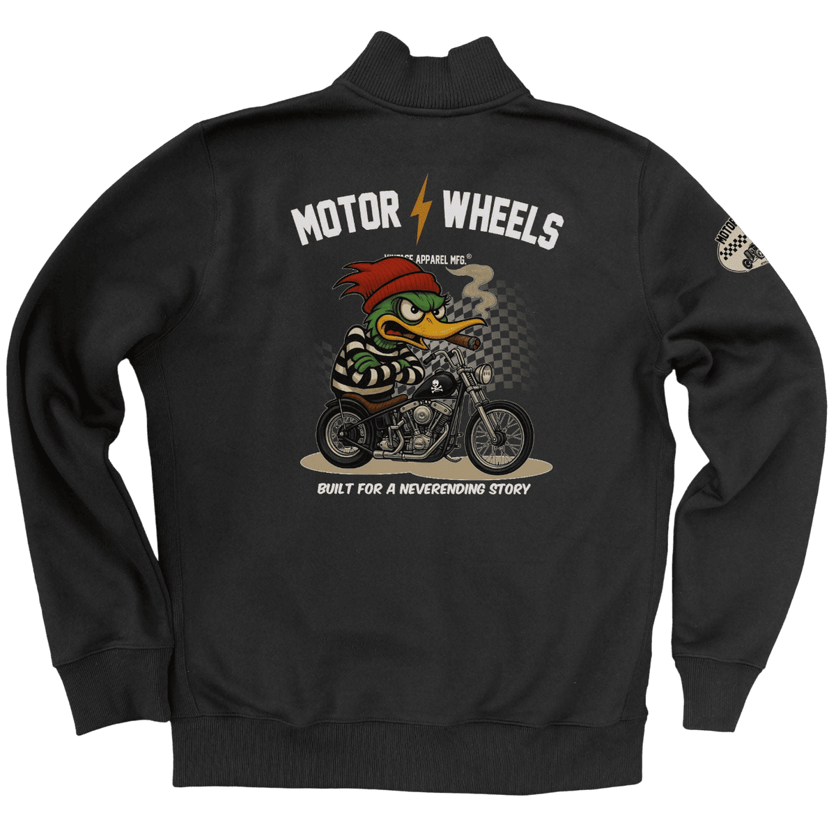 Veste noire "Lost Angels" Motor Wheels avec tête de démon rouge auréolé et lettrage biker rétro