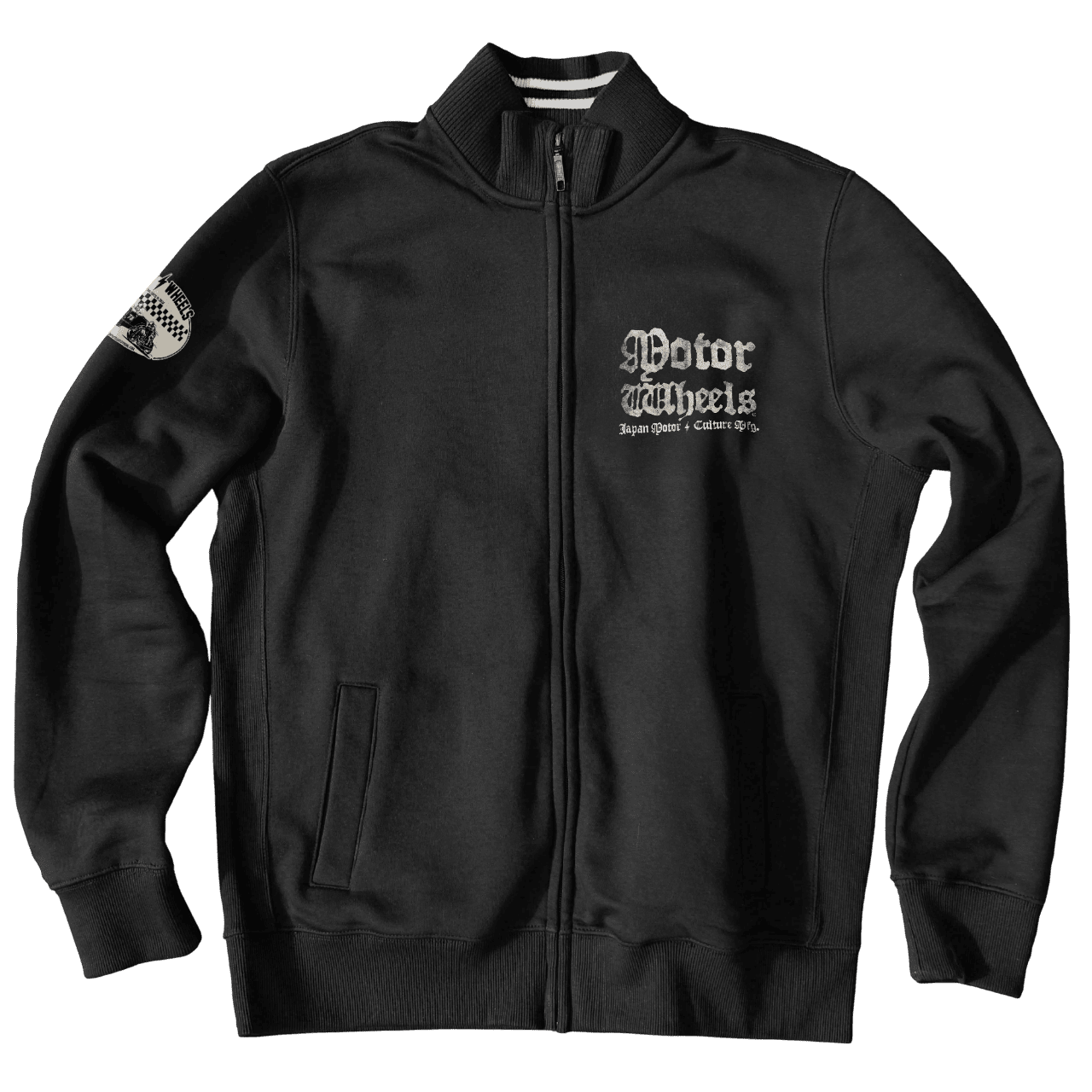 Veste noire zippée "Hold fast" Motor Wheels avec moto et lettrages japonais blancs au dos