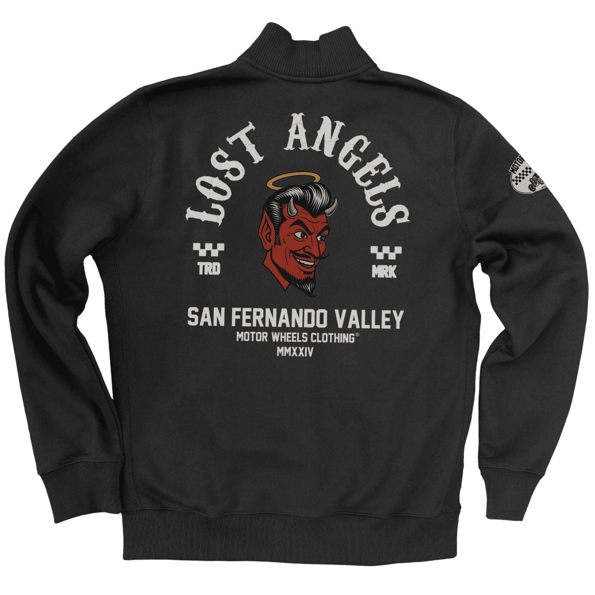 Veste noire "Lost Angels" Motor Wheels avec tête de démon rouge auréolé et lettrage biker rétro