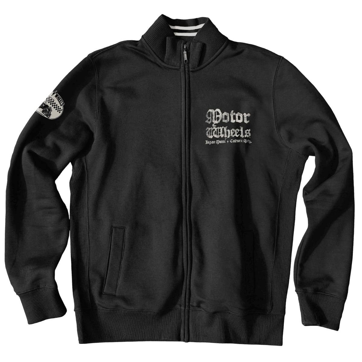 Veste noire zippée "Saint Christophe" Motor Wheels avec moto et lettrages japonais blancs au dos