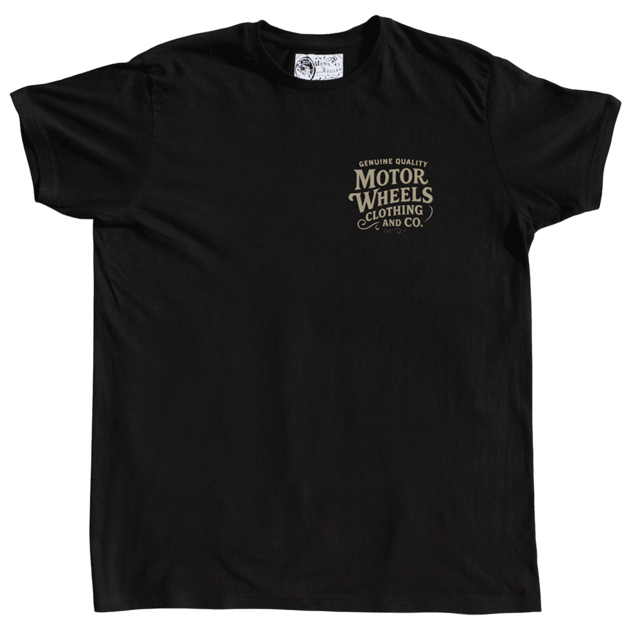 T-shirt noir "Signature" Motor Wheels avec logo vintage sur la poitrine et grand logo au dos