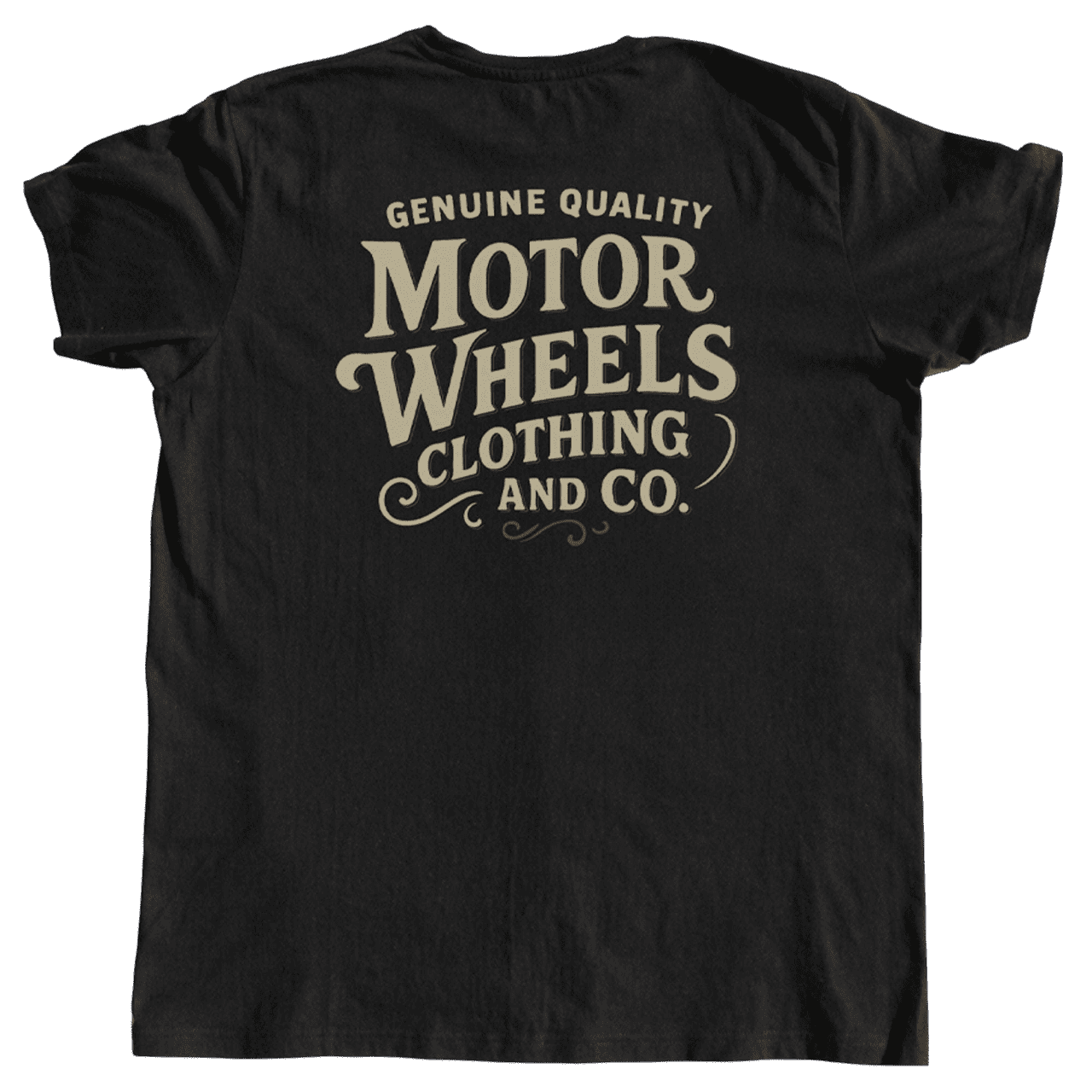 T-shirt noir "Signature" Motor Wheels avec logo vintage sur la poitrine et grand logo au dos