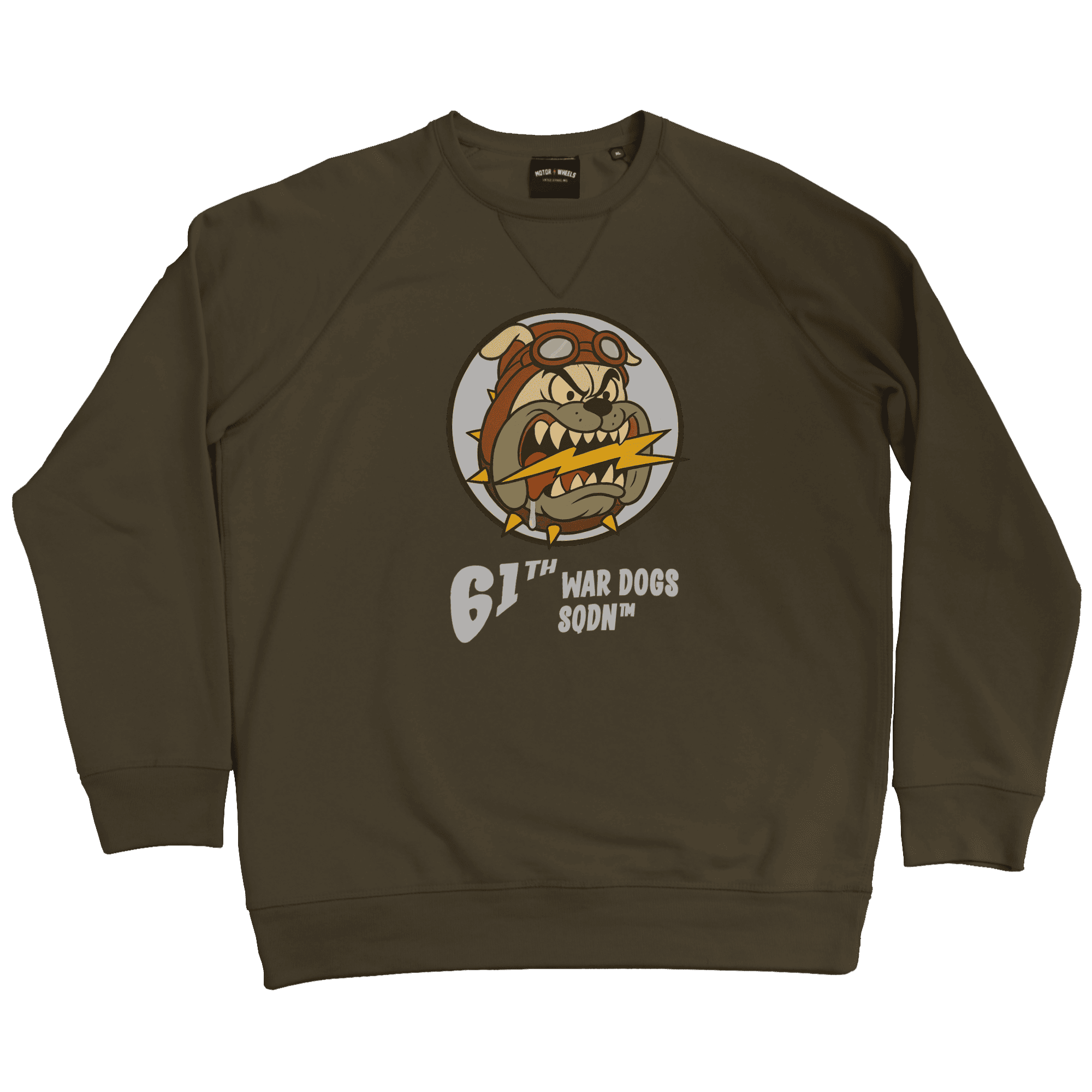 Sweatshirt vert militaire War Dogs Squadron 61 – bulldog aviateur, French Terry bio, Motor & Wheels