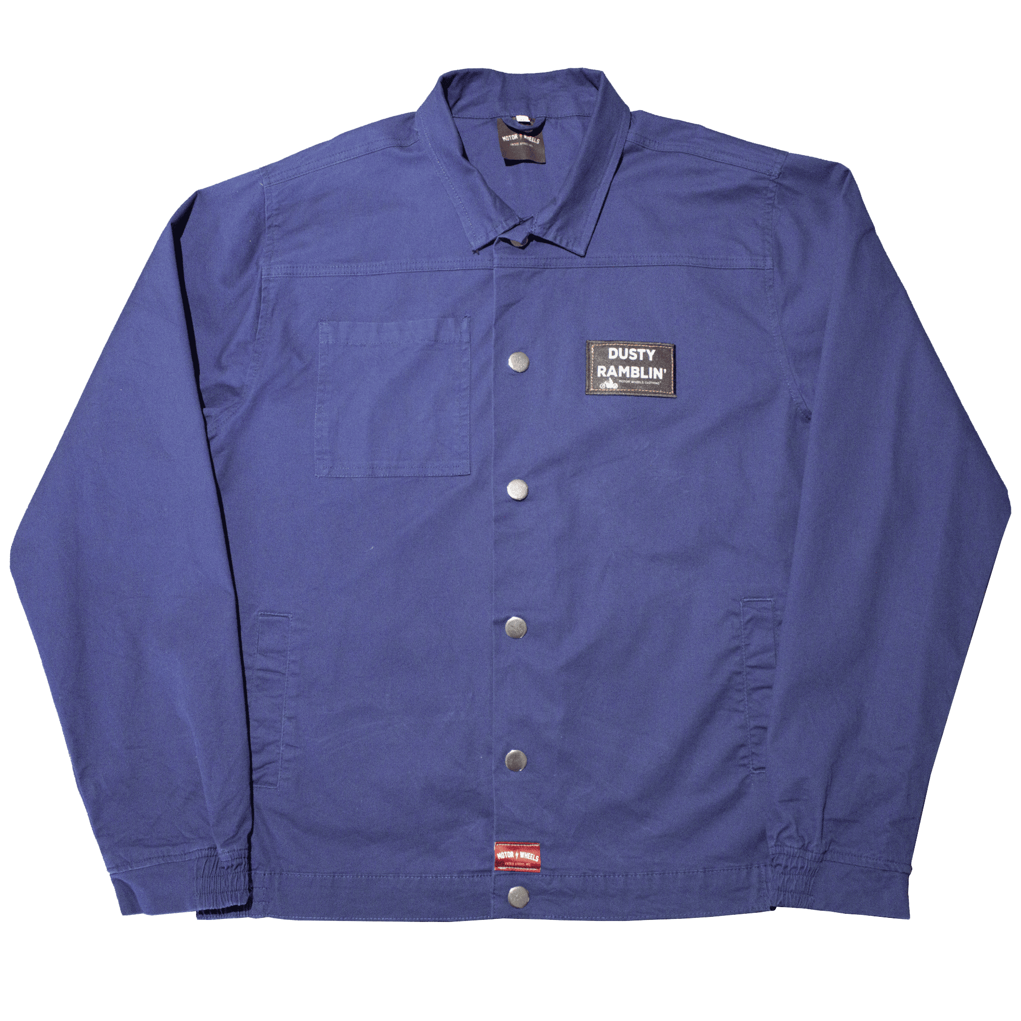 Veste de travail bleue "Dusty Ramblin’" Motor Wheels avec patch brodé, boutons-pression et style workwear vintage